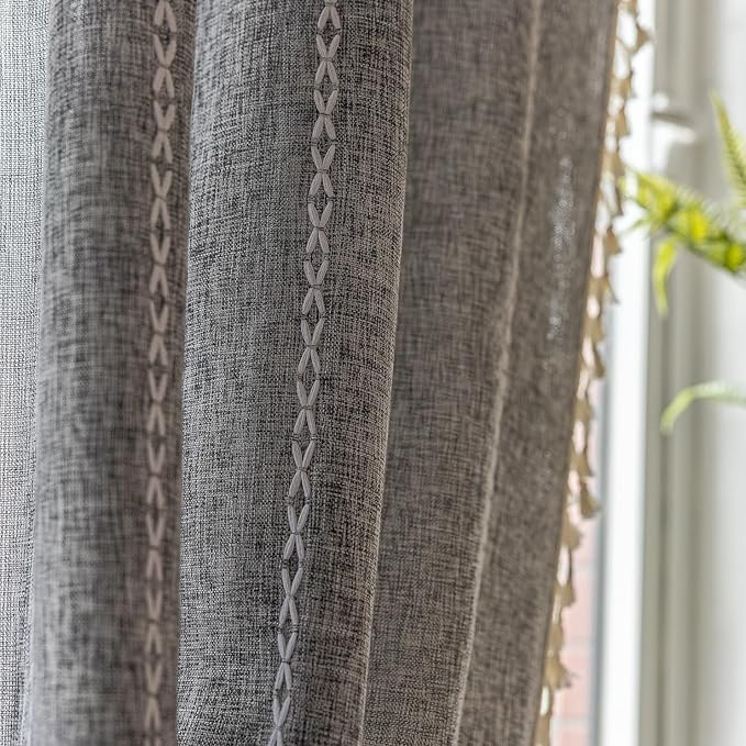Sutuo Home Boho Curtains for Bedroom Dining Room Kitchen, Semi Blackout Linen Farmhouse Shabby Chic Tassels Window Treatment Bohemian Embroidery Drape, Rod Pocket 1 Panel 52" W x 63" L, Black Grey
