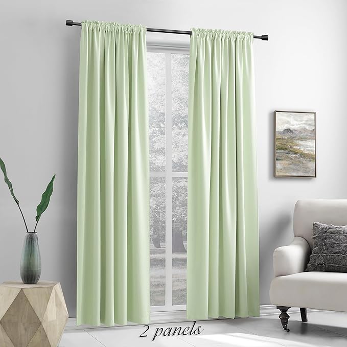 DONREN Light Green Blackout Curtains 96 inch Length for Livingroom, Rod Pocket Thermal Insulated Energy Efficiency Window Draperies (2 Panels, 52 inch Wide by 96 inch Long)