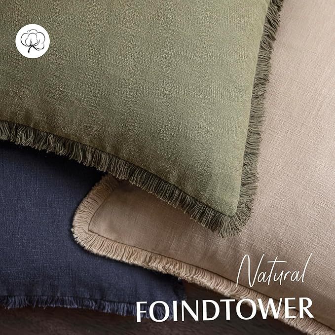 Foindtower Set of 2 Decorative Linen Fringe Throw Pillow Covers Boho Farmhouse Cushion Cover with Tassels Soft Accent Pillowcase for Couch Chair Sofa Bed Living Room Home Decor,24×24 Inch,Tan Beige