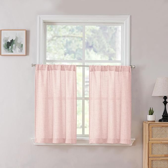 Tollpiz Short Linen Tier Curtains Rod Pocket Semi Sheer Half Kitchen Curtain Burlap Light Filtering Thick Linen Drapes for Bathroom, 30 x 24 inches Long, Pink, Set of 2 Panels