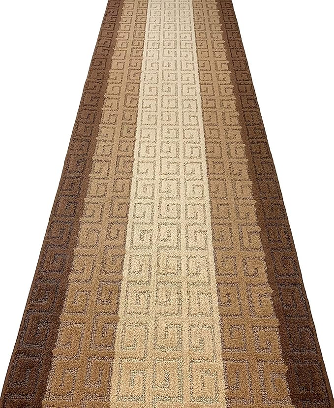Custom Length Hallway Runner Rug,Slip Resistant,Meander Brown, 26 Inch X 10 feet, Sold and Priced Per Foot