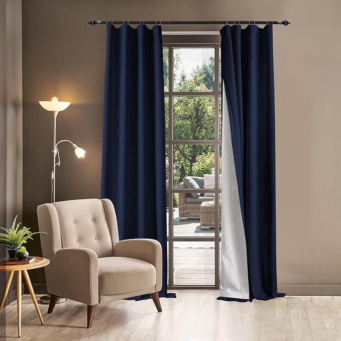 100% Blackout Thermal Insulated Curtains, 3 Layers Noise Absorbing, Soundproof Back Tab Drapes for Sliding Glass Door Baby Nursery Bedroom with Hooks, Navy Blue 50x108 Inch Set of 1