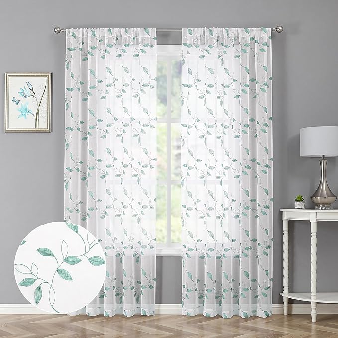 Tollpiz Teal Blue Leaf Sheer Curtains Leaves Embroidered Bedroom Curtain Rod Pocket Voile Window Treatment for Living Room, 54 x 84 inches Long, Set of 2 Panels