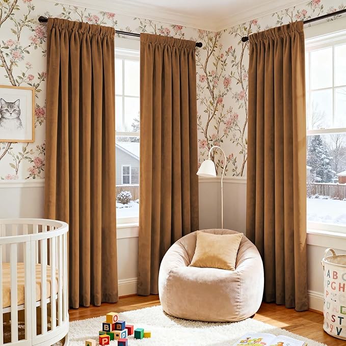 Lazzzy Gold Velvet Curtains Blackout Curtain Thermal Insulated Curtains for Bedroom Living Room Darkening Super Soft Luxury Drapes Sondproof Privacy Set of 2 Panels 52 by 90 Inch Gold Brown