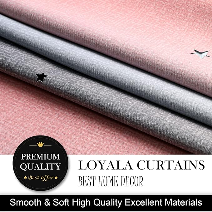 Star Blackout Curtains for Bedroom - Cute Kids Rainbow Curtains, 108 Inch Long 2 Panels, Pink & Grey