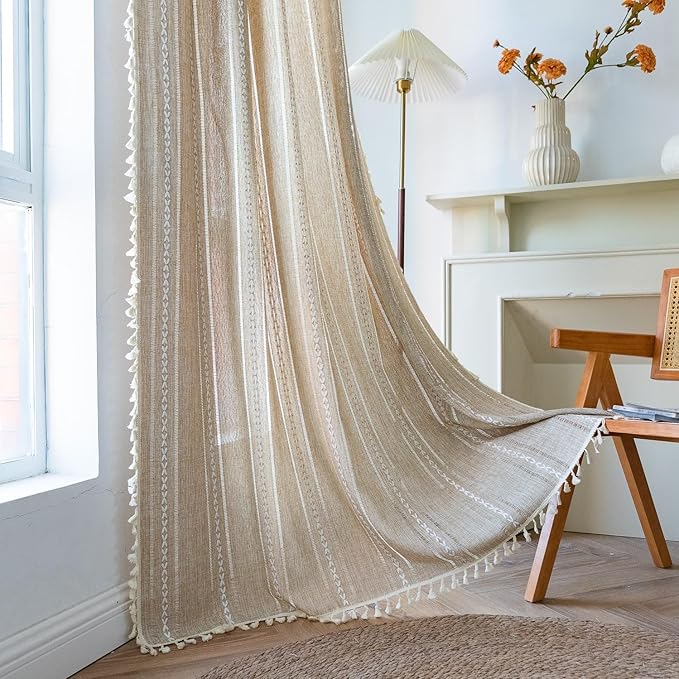 Sutuo Home Boho Curtains for Bedroom Living Room 90 Inch Length, Light Filtering French Country Farmhouse Vintage Shabby Chic Tassels Hollow Window Treatment Bohemian Drape 1 Panel 52"W x 90"L Natural