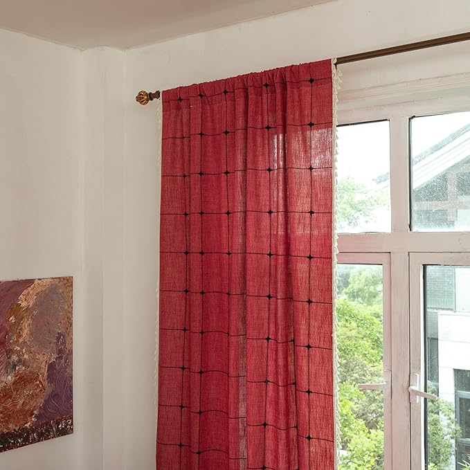 Sutuo Home Boho Curtains for Kitchen Nursery 63 Inch Length, Grid Linen Light Filtering Farmhouse Vintage Chic Tassels Window Treatment Bohemian Drape for Xmas Decor 1 Panel 52" W x 63" L, Red Plaids