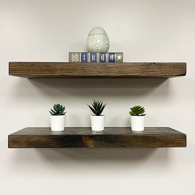 URBANDI, Rustic Floating Shelves, Set of 2, Hidden Bracket, Solid Wood, Heavy Duty, Wall Mounted Shelves, (Dark Brown, 24Wx6D)