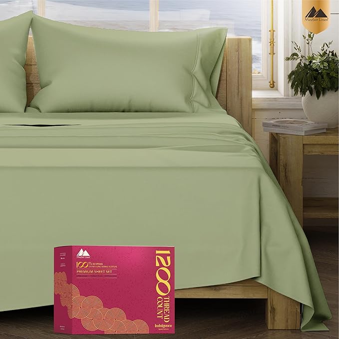 Mayfair Linen 100% Egyptian Cotton Sheets King Size - Luxury 1200 High Thread Count Egyptian Cotton King Size Sheets Set (4 PC, Sage Green), Soft, Cooling, 17" Deep Pocket Sateen Weave Hotel Bedding