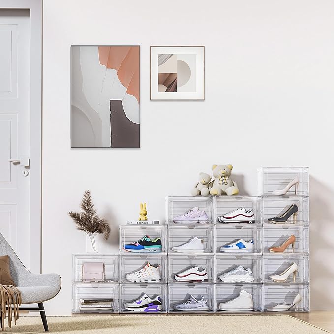 8 Pack XL Shoe Storage Box Organizer,Drop Side Large Shoe Boxes Clear Plastic Stackable Container,Magnetic Sneaker Display Case, Fit up to US 13(13.4”x 10.6”x 8.3”(8 Pack Black)