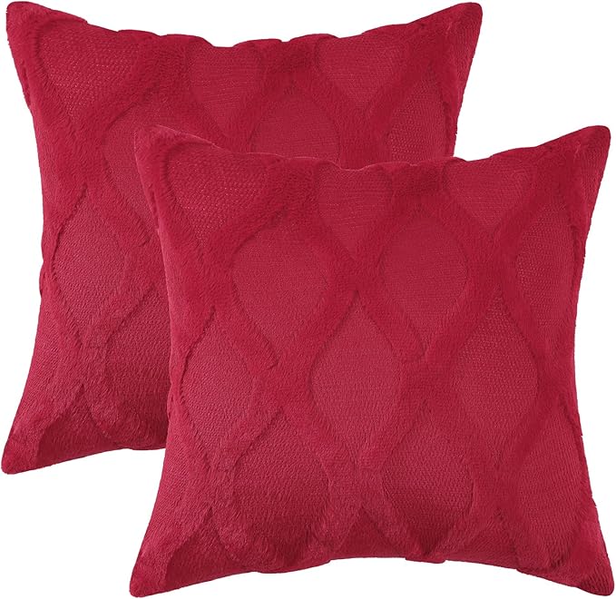 decorUhome Spring Euro Sham Throw Pillow Covers 24x24 Inch Set of 2, Soft Plush Faux Fur Wool Red Couch Pillow Covers, Decorative Neutral Pillow Cases for Bed Sofa Living Room Home Decor