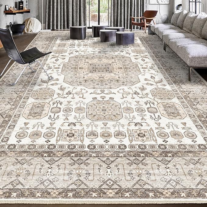 8x10 Area Rug Washable Living Room Carpet Bedroom Rug, Retro Accent Throw Distressed Rug, Easy Cleaning (Cream Beige)