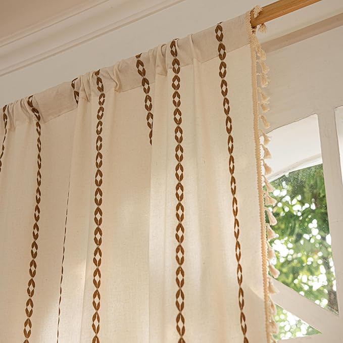 Sutuo Home Boho Curtains 63 Inch Length for Bedroom Nursery Room, Rod Pocket Light Filtering Cotton Embroideried Bohemian Striped Semi Blackout Farmhouse Decor, White and Coffee 1 Panel W52 x L63