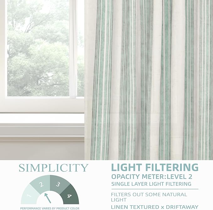 DriftAway Farmhouse Vertical Striped Linen Blend Textured Light Filtering Semi Sheer Curtains for Living Room Bedroom 84 Inches Long Drapes 2 Panels Broad Striped Green