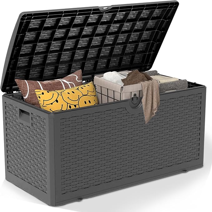 90 Gallon Plus Outdoor Storage Box Waterproof Lockable Resin Deck Box Large, Patio Storage Bin for Pool Accessories Cushion Furniture, Garden Tools, UV-Resistant Outside Delivery Black