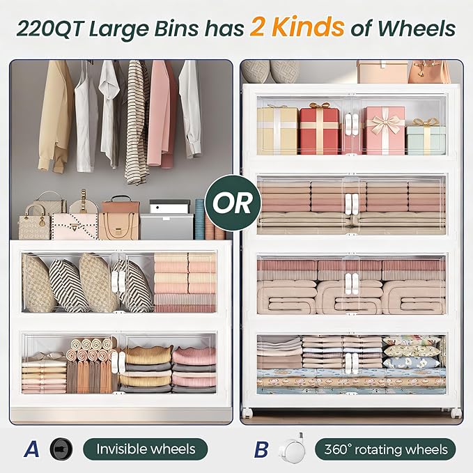 1100QT Extra Large Stackable Storage Bins with Lid, 275Gal Collapsible Storage Box with Wheels and Doors, Plastic Closet Organizer and Storage Cabinet for Home Kitchen Office Dorm, 5Pack White