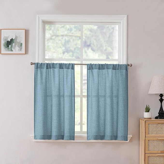 Tollpiz Short Linen Tier Curtains Rod Pocket Semi Sheer Half Kitchen Curtain Burlap Light Filtering Thick Linen Drapes for Bathroom, 30 x 24 inches Long, Dusty Blue, Set of 2 Panels