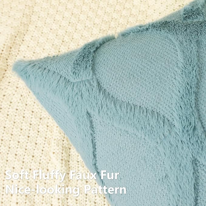 decorUhome Spring Throw Pillow Covers 18x18 Inch Set of 2, Soft Plush Faux Fur Wool Aqua Couch Pillow Covers, Decorative Neutral Pillow Cases for Bed Sofa Living Room Home Decor