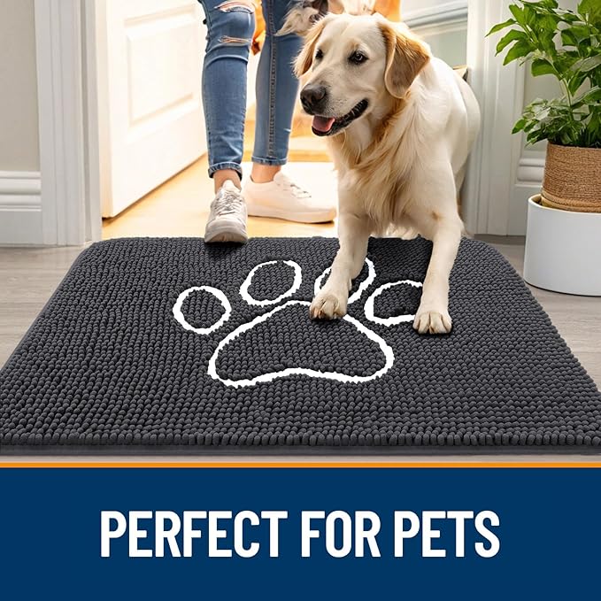 OLANLY Dog Door Mat for Muddy Paws 48x30, Paw Print Design, Absorbs Moisture and Dirt, Absorbent Non-Slip Washable Doormat, Quick Dry Chenille Mud Mat for Dogs, Entry Indoor Entryway Carpet, Dark Grey