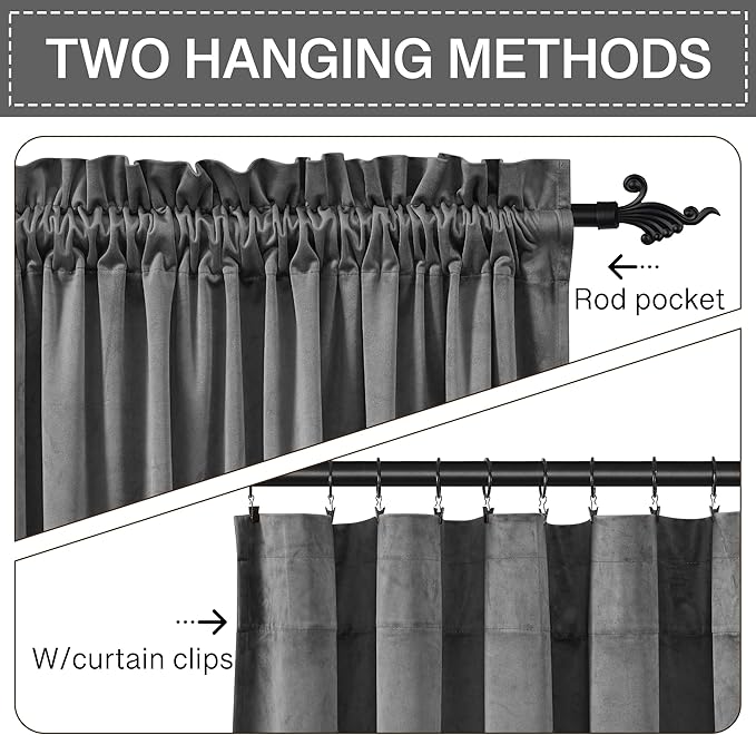 StangH Velvet Curtains 120 inches Long - Extra Long Rod Pocket Blackout Curtains for Living Room, Room Darkening Thermal Insulated Backdrops for Hall/Bedroom, Grey, W52 x L120, 2 Panels