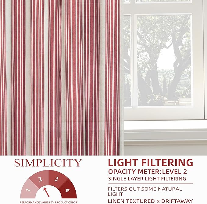 DriftAway Farmhouse Vertical Striped Linen Blend Textured Light Filtering Semi Sheer Curtains for Living Room Bedroom 96 Inches Long Drapes 2 Panels Broad Striped Red