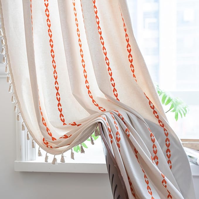 Sutuo Home Boho Curtains 72 inches for Bedroom Living Room, Semi Blackout Embroidery Window Bohemian Tassels Drape for Halloween Festival Decor, Rod Pocket 1 Panel 52" W x 72" L, White and Orange