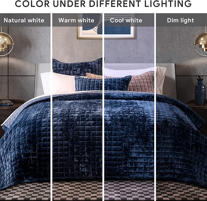 RECYCO Luxury Velvet Quilt Set King Size, Lightweight Velvet Comforter Set, Oversized Bedspread Coverlet Quilted Bedding Set, with 2 Matching Pillow Shams, for All Season, Navy Blue