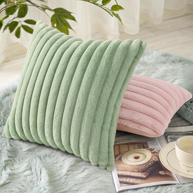 decorUhome Faux Fur Spring Throw Pillow Covers 16x16 Set of 2, Decorative Soft Plush Striped Neutral Couch Pillow Covers with Velvet Back for Sofa, Bed, Living Room Home, Sage Green
