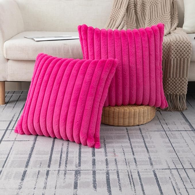 ZLINA Set of 2 Hot Pink Faux Fur Decorative Throw Pillow Covers Fluffy Striped Pillowcase Cushion Covers 24 x 24 Inch Decor Sofa Couch Bedroom