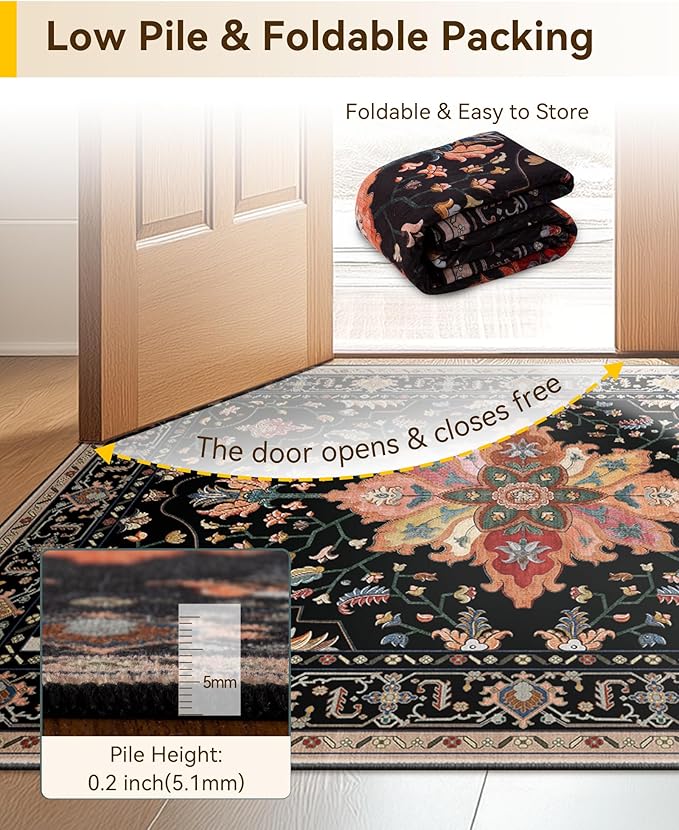 Area Rugs 10'x14' Washable Non-Slip, Floral Vintage Distress Print Pattern Medallion Carpet for Living Room Bedroom Dining Room, Black Colorful Floral Dark Tan