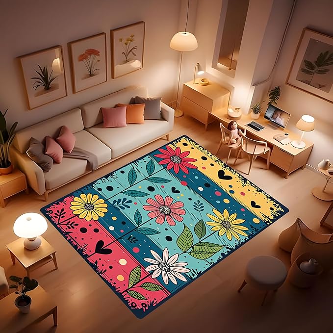 Machine Washable 5' x 7' Folk Art Print Style Area Rug, Flowers Floor mat, Suitable for bedrooms, Girls' Room Bedside, Living Room, Dining Room, Office, Non-Slip Low-Pile Retro, Fashionable Carpet
