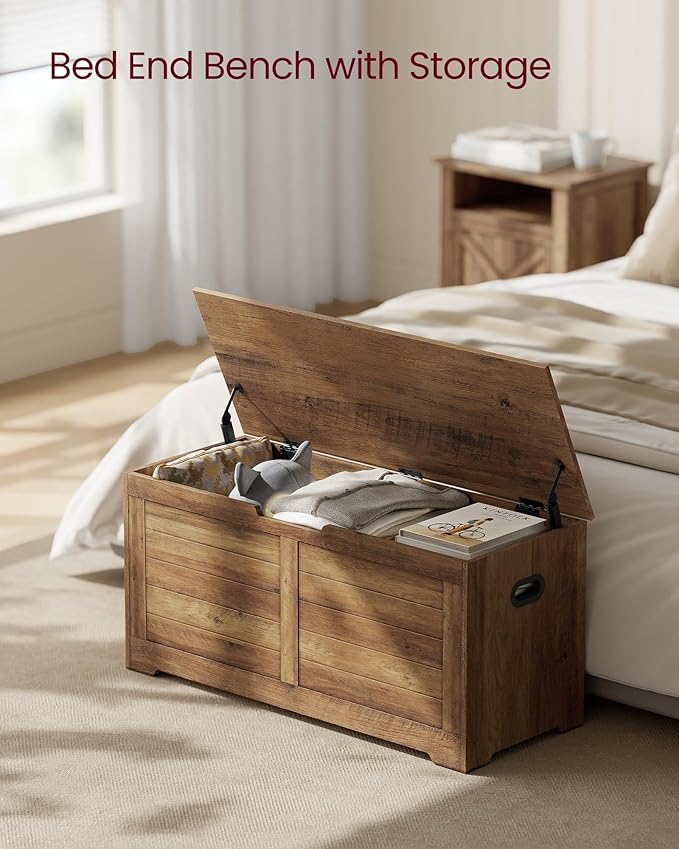 VASAGLE Storage Chest, Storage Bench with 2 Safety Hinges, Farmhouse Style, 15.7 x 39.4 x 18.1 Inches, for Entryway, Bedroom, Living Room, Honey Brown ULSB061K01