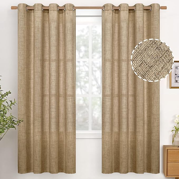 YoungsTex Burlap Linen Curtains 72 Inch Length for Living Room, Toffee Semi Sheer Window Drapes Light Filtering with Bronze Grommet for Bedroom Farmhouse, 2 Panels, 52 X 72 Inch