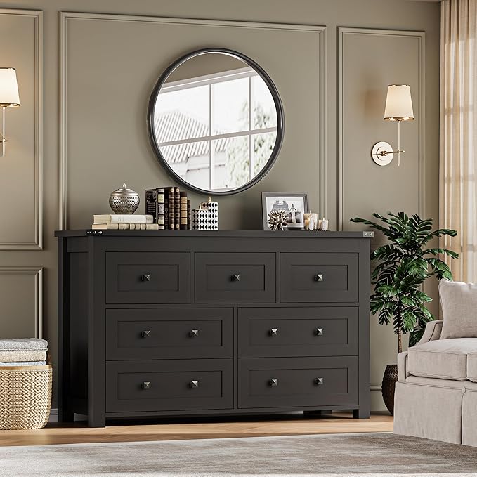 7-Drawer Dresser, Modern Wooden Storage Chest of Drawers, Dresser TV Stand, Wood Drawer Organizer with Metal Handles for Bedroom, Living Room, Hallway