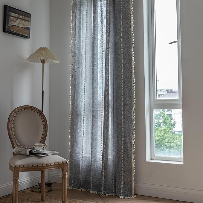 Sutuo Home Boho Curtains for Bedroom Dining Room Kitchen, Semi Blackout Linen Farmhouse Shabby Chic Tassels Window Treatment Bohemian Embroidery Drape, Rod Pocket 1 Panel 52" W x 63" L, Black Grey