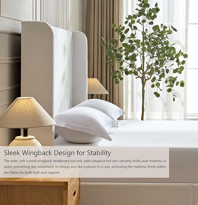 Harper 54" Extra-Tall Headboard Bed Frame - Modern Wingback Upholstered Platform Bed, 1000lbs Heavy Duty Support, Textured Chenille, No Box Spring Needed(Cream White Queen)