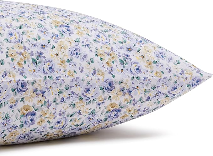 Amazon Basics Lightweight Super Soft Easy Care Microfiber 4 Piece Bed Sheet Set With 14-inch Deep Pockets, Queen, Blue Floral,Printed