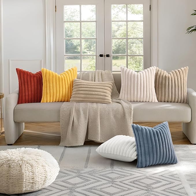 decorUhome Faux Fur Spring Throw Pillow Covers 20x20 Set of 2, Decorative Soft Plush Striped Neutral Couch Pillow Covers with Velvet Back for Sofa, Bed, Living Room Home, Orange