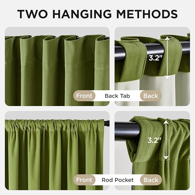 Joydeco Moss Green 100% Blackout Curtains 120 Inch 2 Panels, Luxury Thermal Green Velvet Curtains for Bedroom Living Room, Soundproof Blackout Window Drapes, Rod Pocket & Back Tab (52W x 120L)