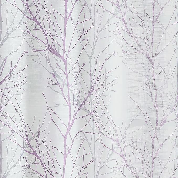 FMFUNCTEX Linen Semi Sheer Curtains for Bedroom, Lilac White Curtains 96 Inches Long for Living Room, Grey Tree Branch Patterned Curtain Light Filtering Farmhouse Window Drapes, Grommet Top 2 Panels