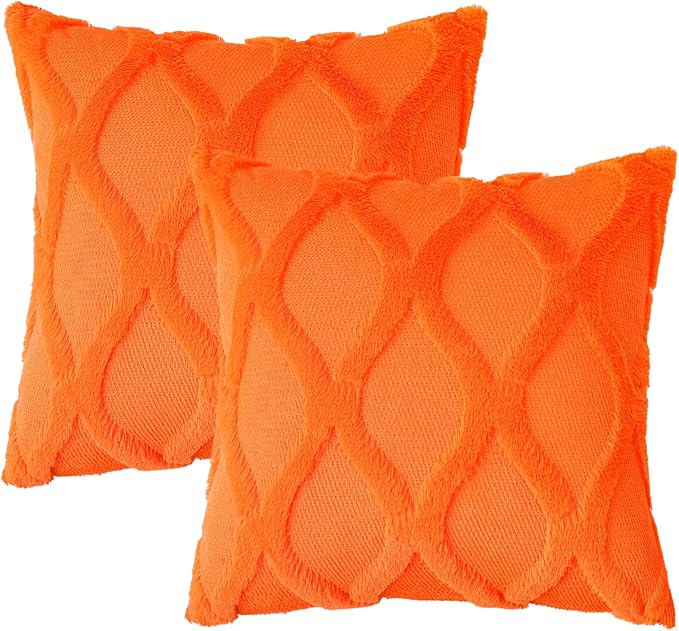 decorUhome Spring Euro Sham Throw Pillow Covers 26x26 Inch Set of 2, Soft Plush Faux Fur Wool Orange Couch Pillow Covers, Decorative Neutral Pillow Cases for Bed Sofa Living Room Home Decor