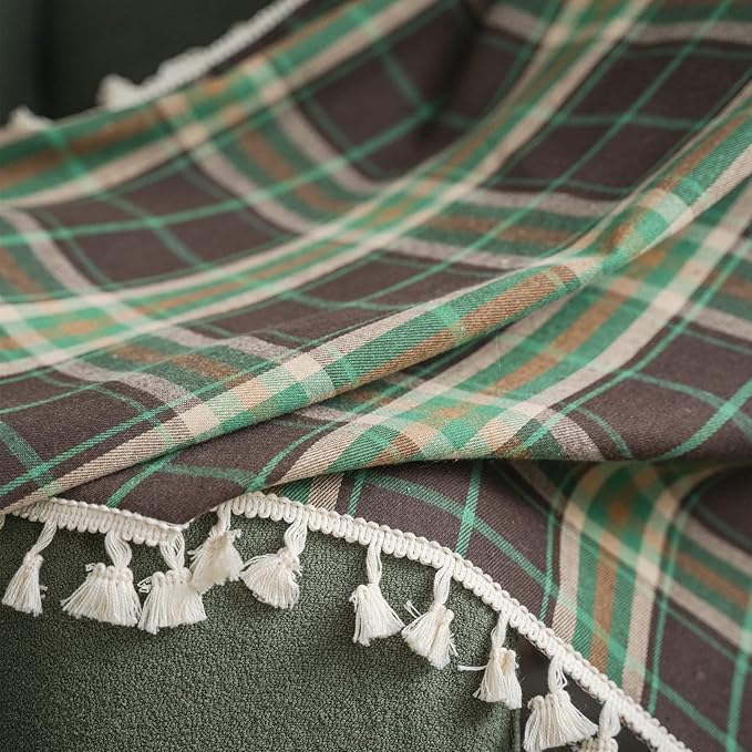 Sutuo Home Boho Curtains for Bedroom 84 Inch Length, Light Filtering Country Farmhouse Vintage Shabby Chic Tassels Window Treatment Bohemian Grid Drape for Xmas Decor 1 Panel 52"W x 84"L, Green Plaids