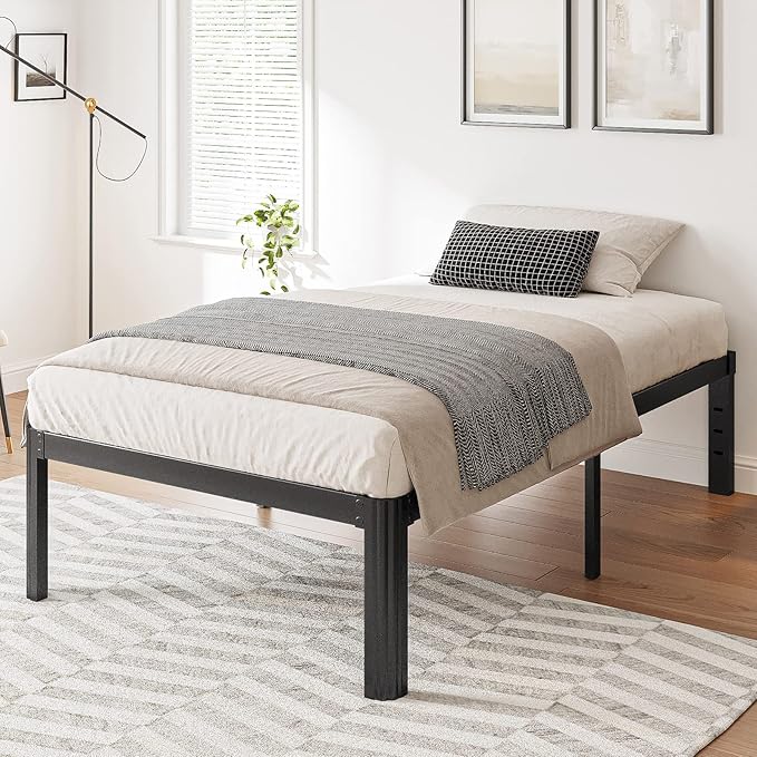 Hunlostten 14in Heavy Duty Twin Bed Frame No Box Spring Needed, Metal Platform Bed Frame Twin with Round Corners, Easy Assembly, Noise Free, Black