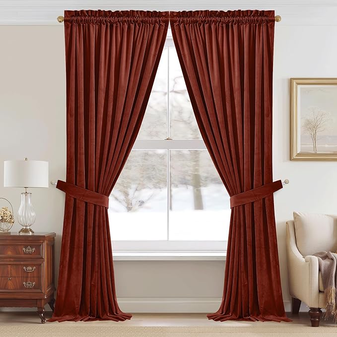 StangH Rust Velvet Curtains 108 inches Long, Light Blocking Energy Saving Window Panels Privacy Room Divider Drapes for Guest/Dining Room/Closet, W52 x L108, 2 Panels