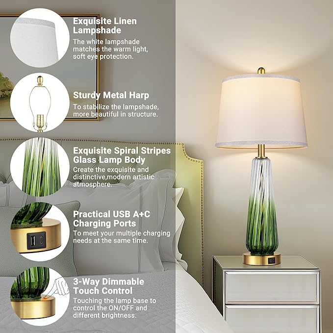 Glass Table Lamps Set of 2, Modern Bedside Lamps for Bedrooms with USB A+C Ports, 3-Way Dimmable Touch Control Nightstand Lamp with White Linen Shade, 27.5" Large Lamps for Living Room Decor, Green