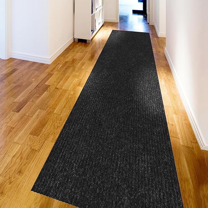 Ottomanson 2' x 52' Hallway Runner with Scraper Pile Extra Durable Non-Slip Rug Mat for Indoor & Outdoor Use - Ideal for Kitchen, Entryway, Patio & Garage - High-Traffic Carpet, Black