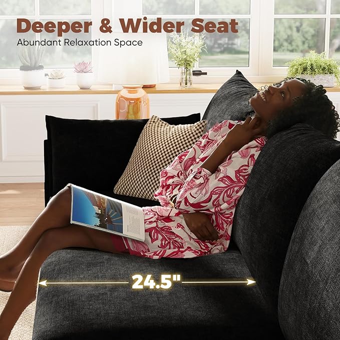 ABCASA Oversized Loveseat Sofa, Modern Modular Sectional Couch Black Fluffy Chenille Mid Century 2-Seat 24.5" Deep Seat for Apartment, Living Room, Bedroom