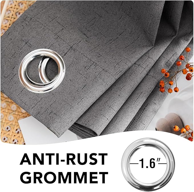 H.VERSAILTEX Linen Curtains 100% Blackout Curtains for Bedroom 102 inch Long Full Light Blocking Nature Linen Blended Window Curtains for Living Room Nickel Grommet (2 Panels, Grey)