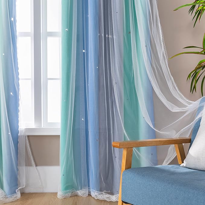 XiDi Curtains for Bedroom Decor, Rainbow BluGrenGrey-52-90