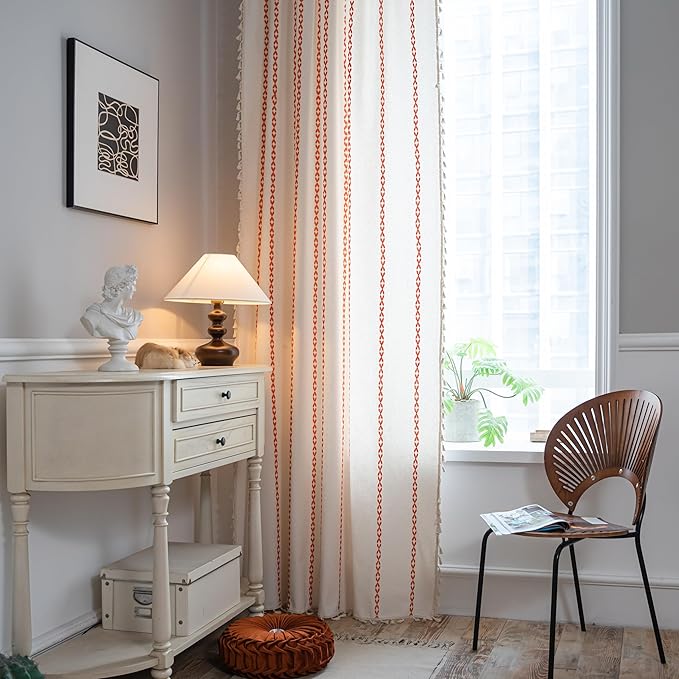 Sutuo Home Boho Curtains 90 Inches Long, White and Orange Bohemian Curtain for Bedroom Living Room, Light Filtering Country Rustic Semi Blackout Farmhouse Drape Rod Pocket, 1 Panel W52 x L90